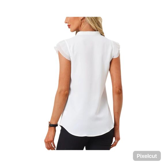 NWOT Size Size XL Allegra K V Neck Ruffle Cap Sleeves Solid White Top - Picture 2 of 11